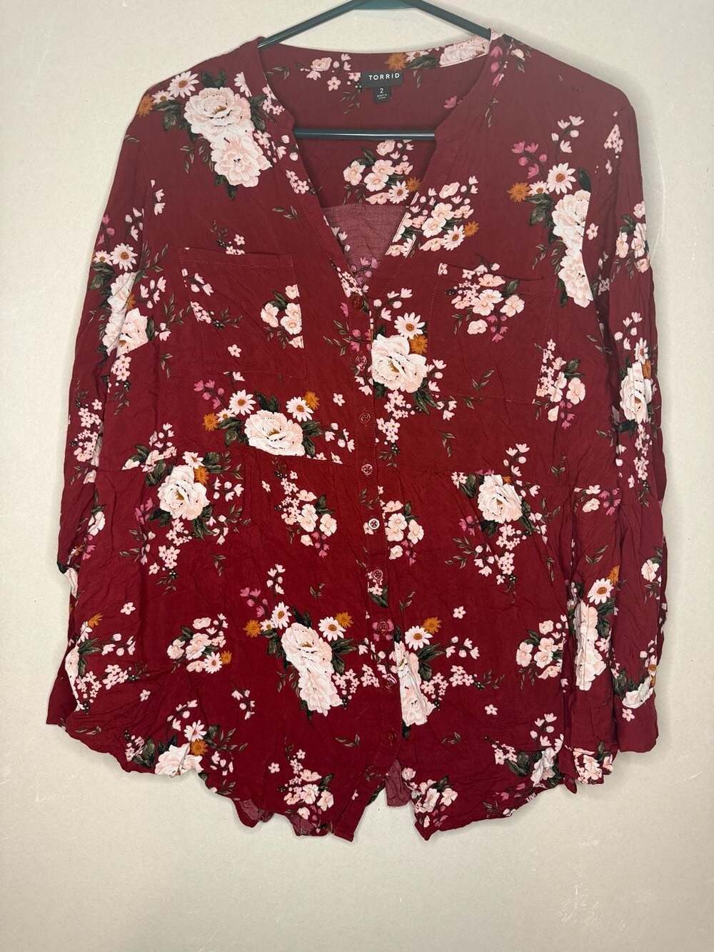 Torrid Size 2 Red Floral Button Front Blouse